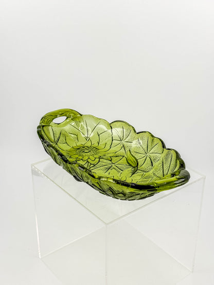 Vintage Indiana Glass Avocado Green Oval Relish Dish — Lily Pons Water Lily Pattern