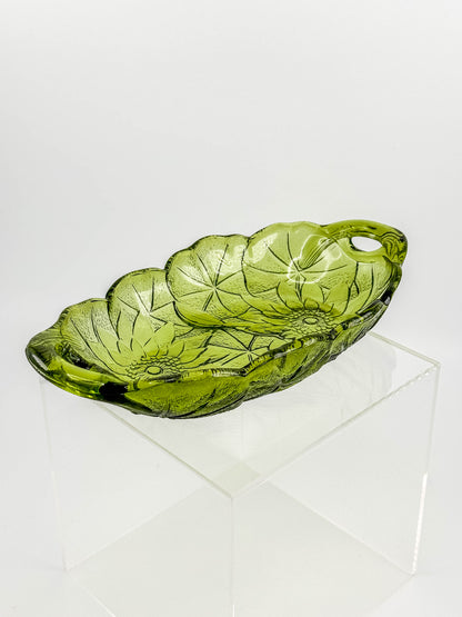 Vintage Indiana Glass Avocado Green Oval Relish Dish — Lily Pons Water Lily Pattern