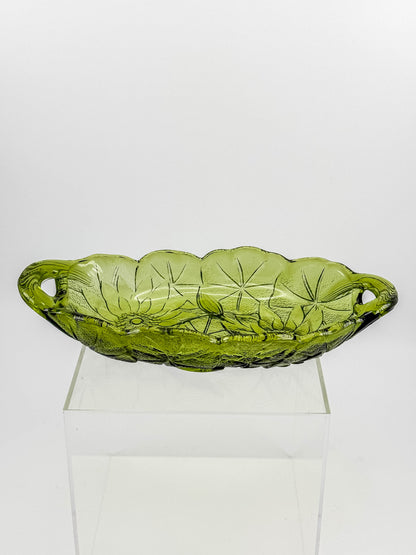 Vintage Indiana Glass Avocado Green Oval Relish Dish — Lily Pons Water Lily Pattern