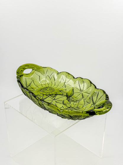 Vintage Indiana Glass Avocado Green Oval Relish Dish — Lily Pons Water Lily Pattern
