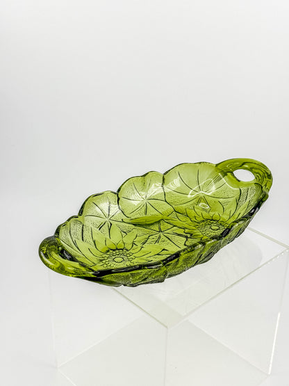 Vintage Indiana Glass Avocado Green Oval Relish Dish — Lily Pons Water Lily Pattern