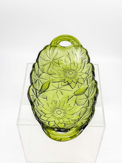 Vintage Indiana Glass Avocado Green Oval Relish Dish — Lily Pons Water Lily Pattern