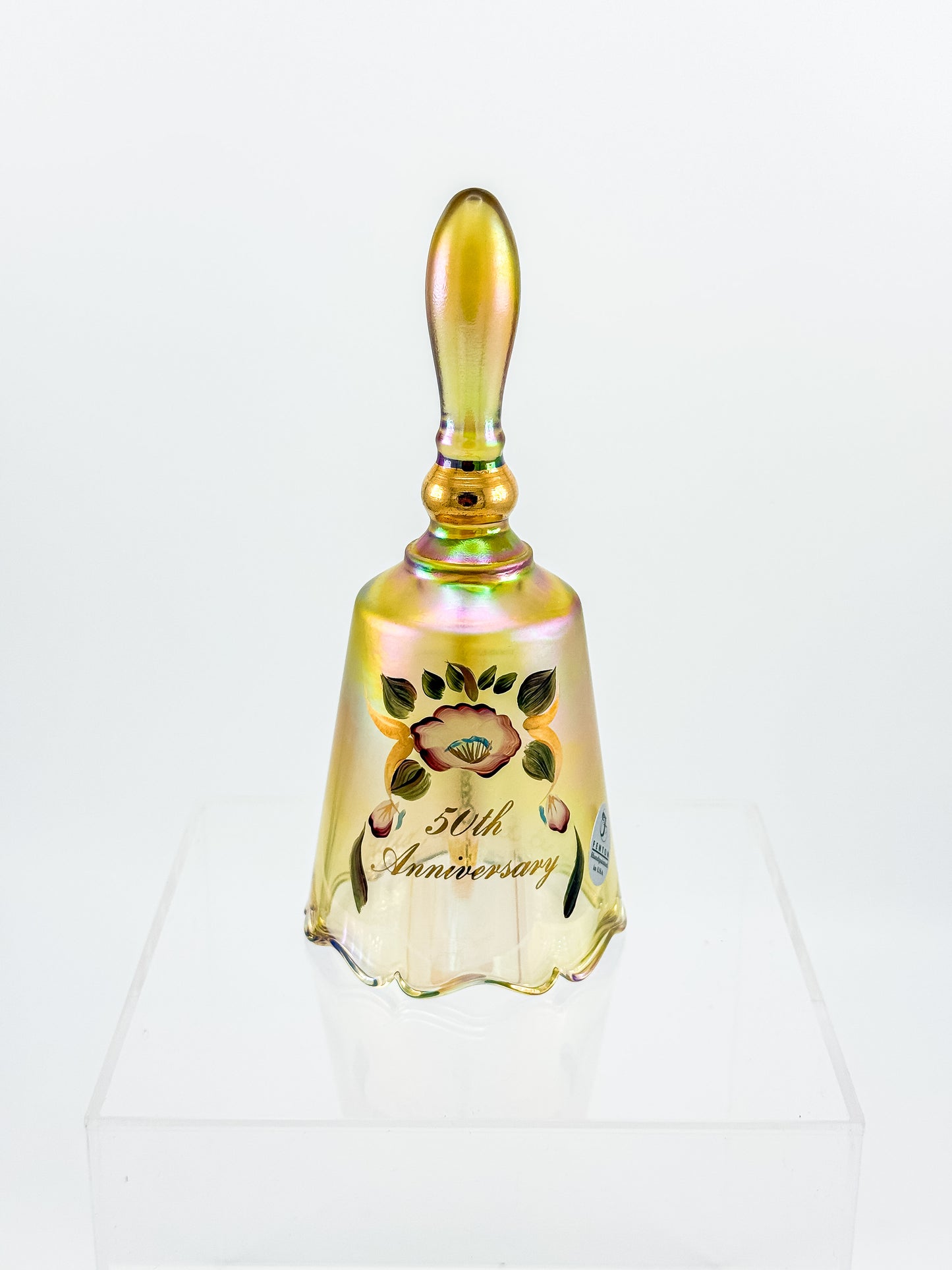 Vintage Fenton 50th Anniversary Gold Carnival Glass Bell — Hand-Painted, Artist Signed, Personalized