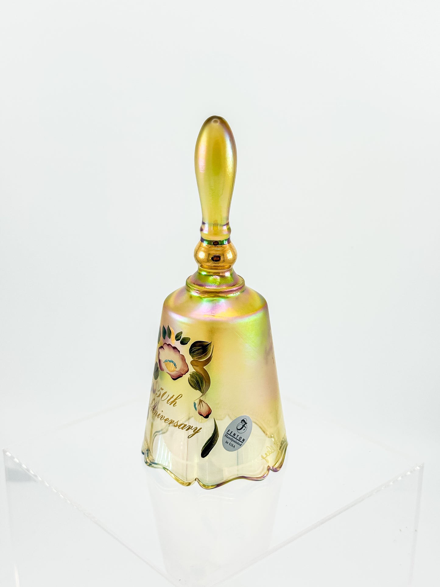 Vintage Fenton 50th Anniversary Gold Carnival Glass Bell — Hand-Painted, Artist Signed, Personalized