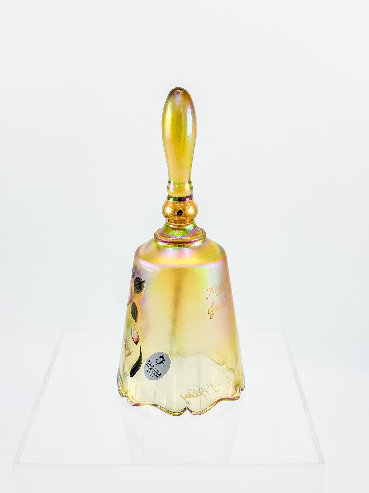 Vintage Fenton 50th Anniversary Gold Carnival Glass Bell — Hand-Painted, Artist Signed, Personalized