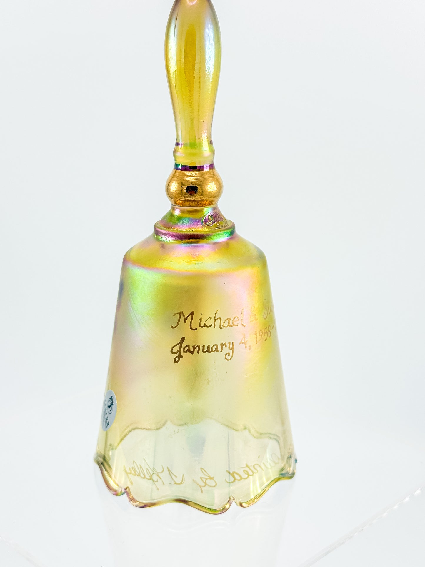 Vintage Fenton 50th Anniversary Gold Carnival Glass Bell — Hand-Painted, Artist Signed, Personalized
