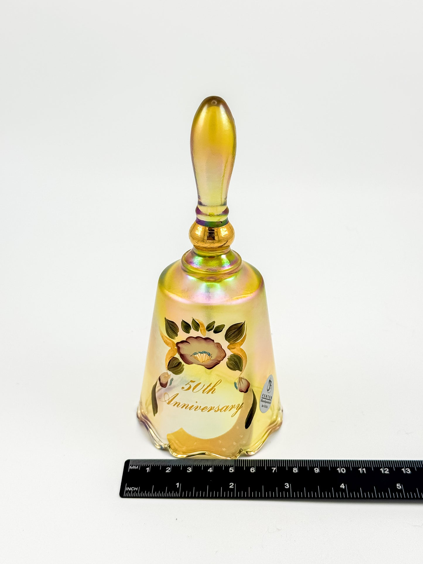 Vintage Fenton 50th Anniversary Gold Carnival Glass Bell — Hand-Painted, Artist Signed, Personalized