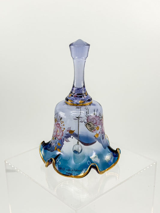 Vintage Fenton Mulberry Glass Bell — Hand-Painted Roses, Artist Signed, Original Sticker