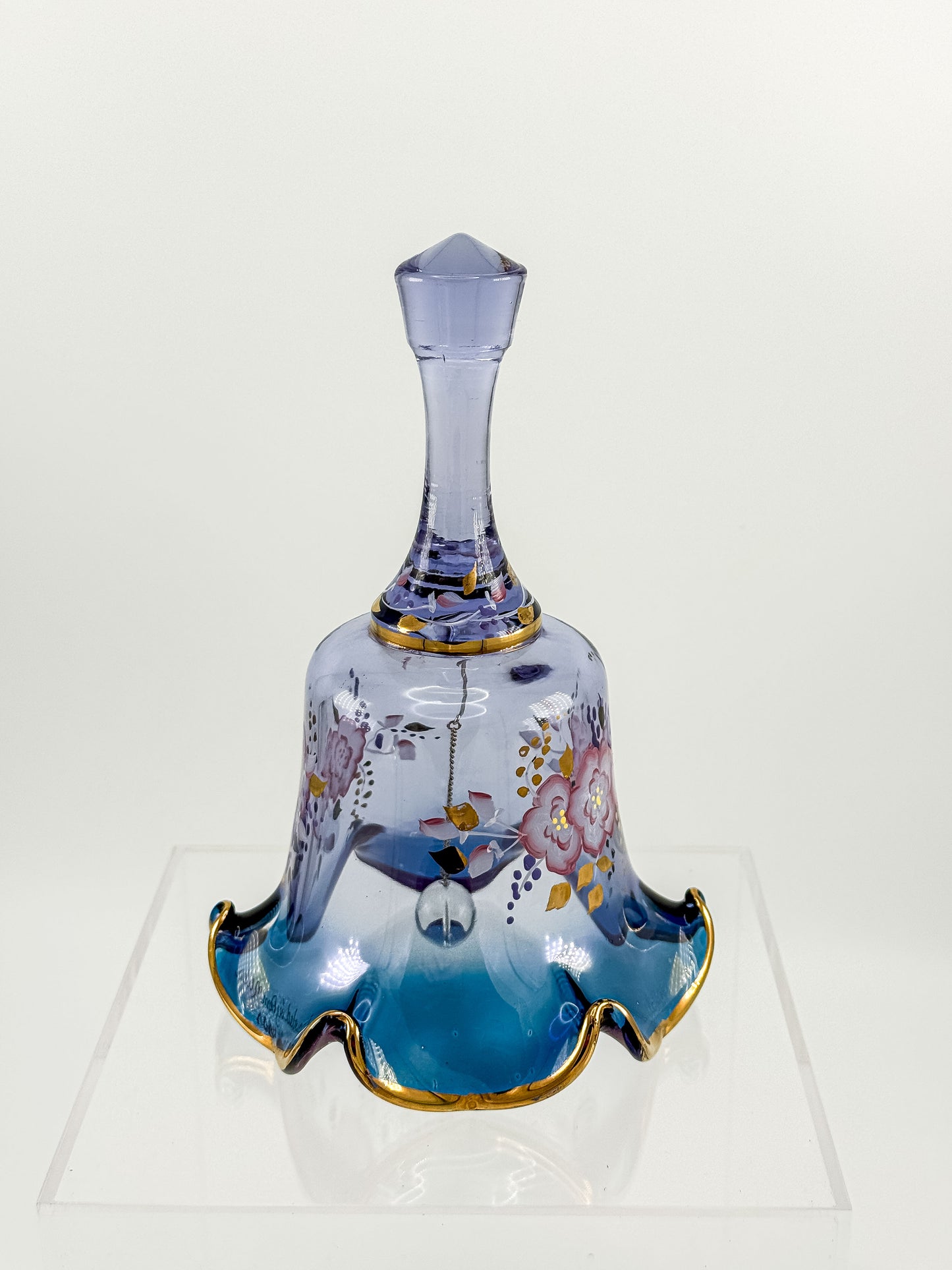 Vintage Fenton Mulberry Glass Bell — Hand-Painted Roses, Artist Signed, Original Sticker