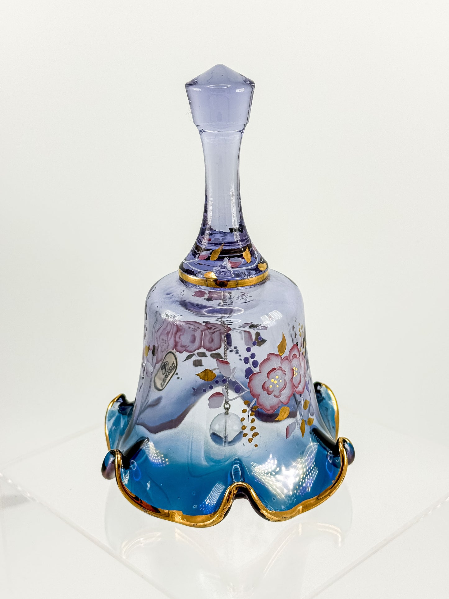 Vintage Fenton Mulberry Glass Bell — Hand-Painted Roses, Artist Signed, Original Sticker