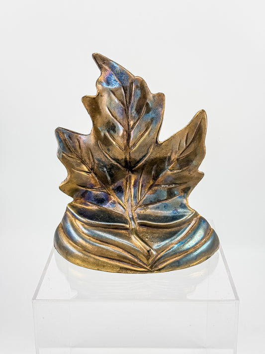 Vintage Brass Maple Leaf Bookend | PM Craftsman | Arts and Crafts Bookend | Iridescent Patina Brass Decor