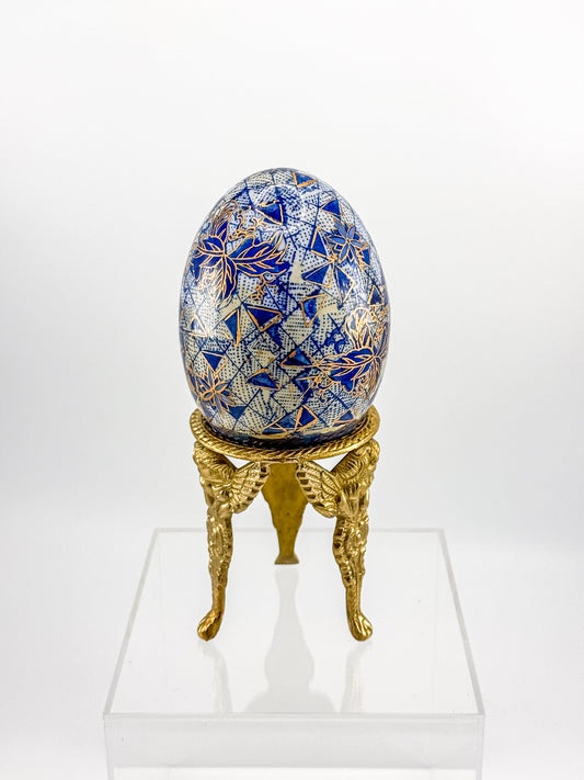 Vintage Chinoiserie Porcelain Egg on Brass Stand — Cobalt Blue & White Floral Patchwork