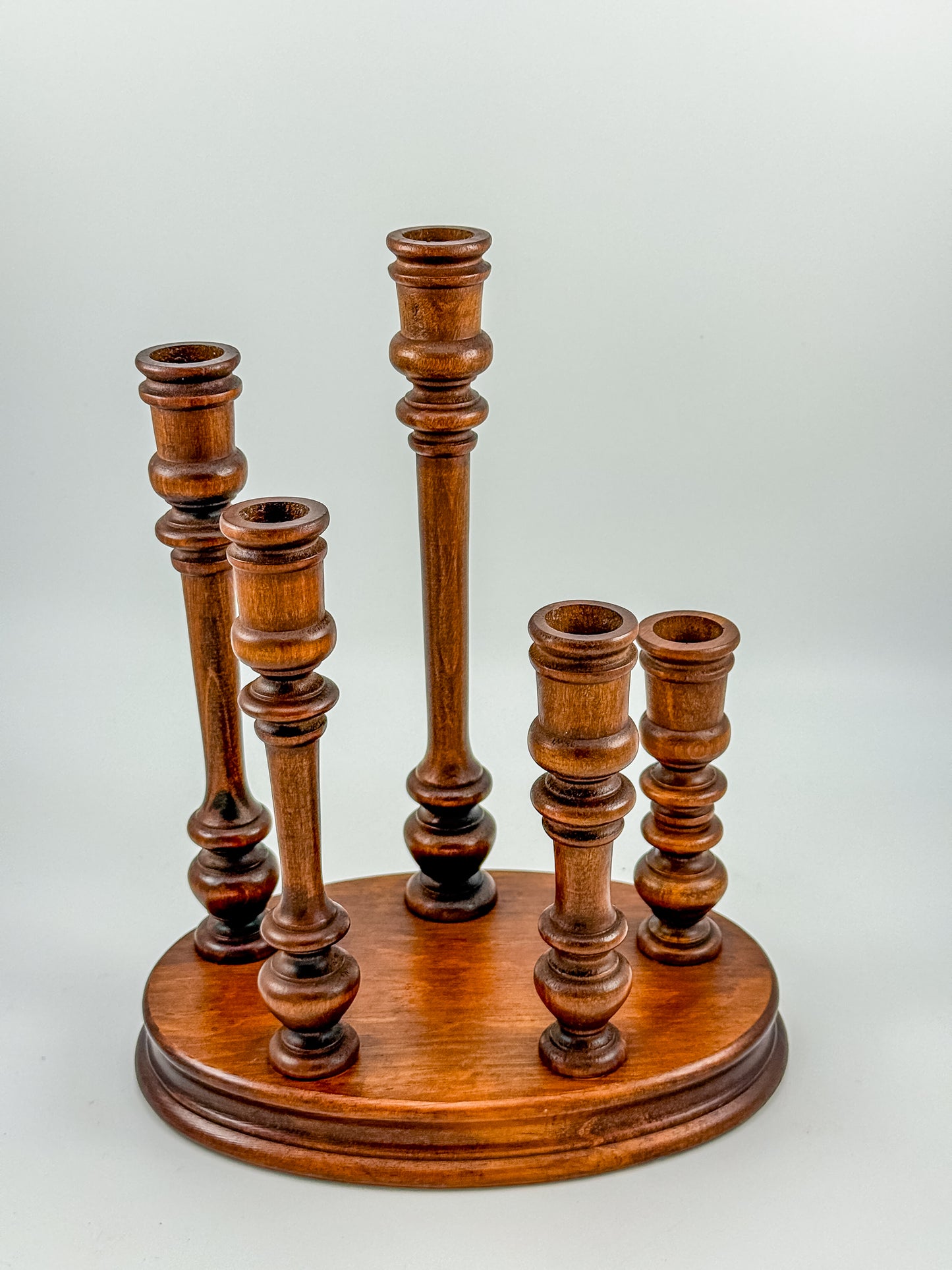 Vintage Turned Wood Multi-Arm Candelabra — 5-Taper Holder