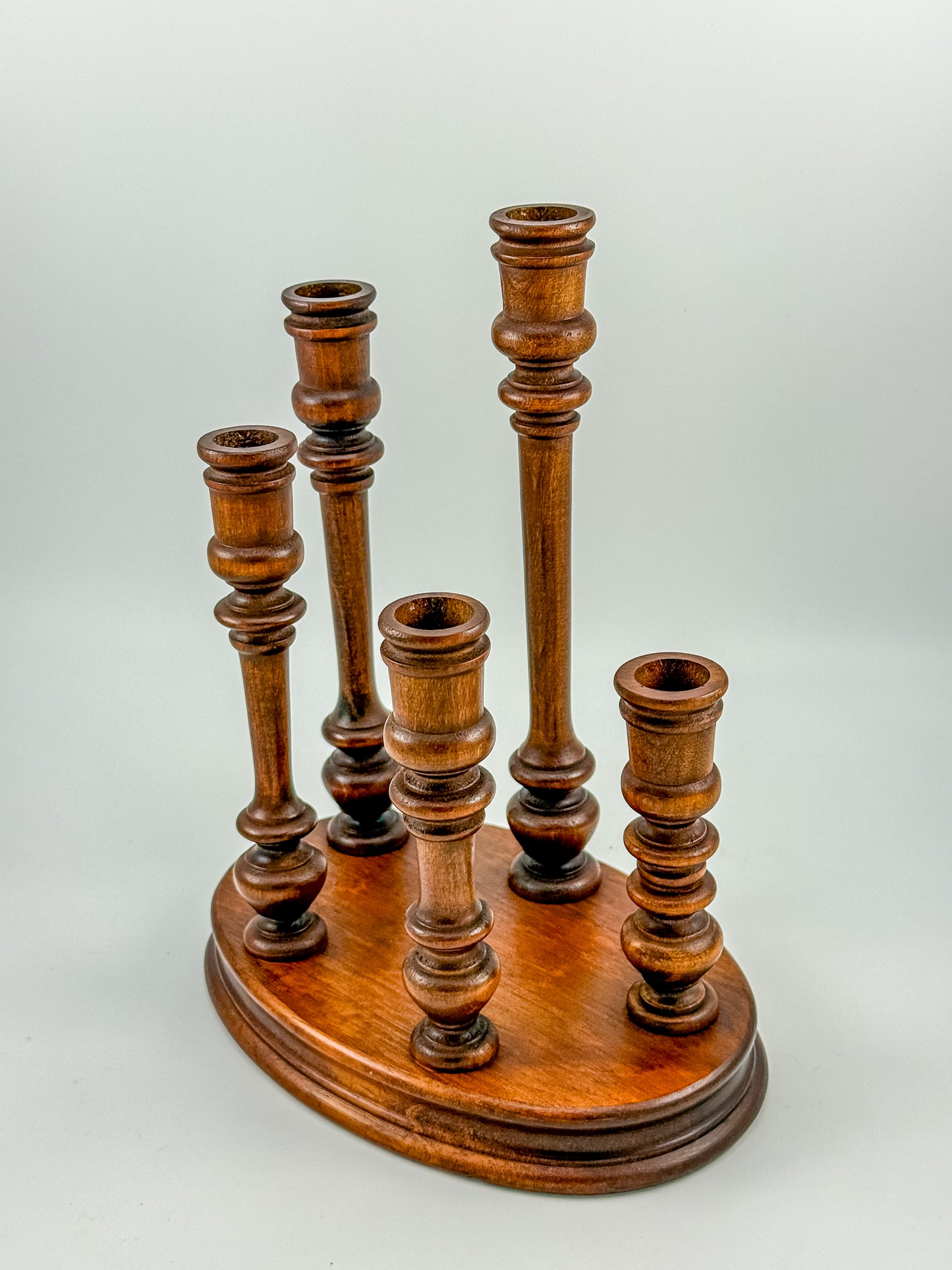 Vintage Turned Wood Multi-Arm Candelabra — 5-Taper Holder