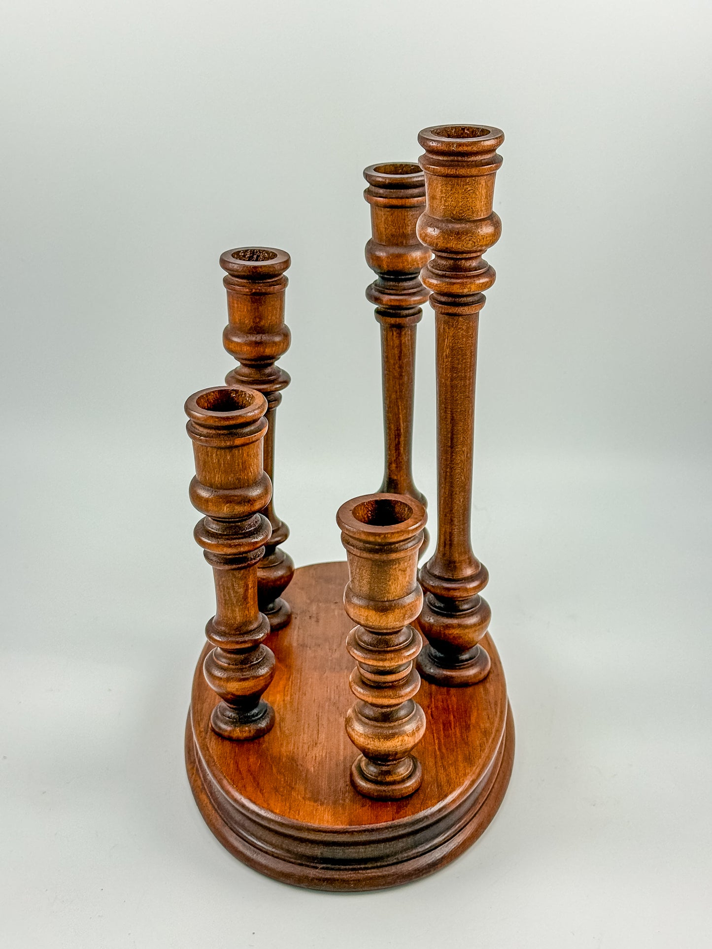 Vintage Turned Wood Multi-Arm Candelabra — 5-Taper Holder