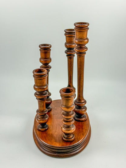 Vintage Turned Wood Multi-Arm Candelabra — 5-Taper Holder