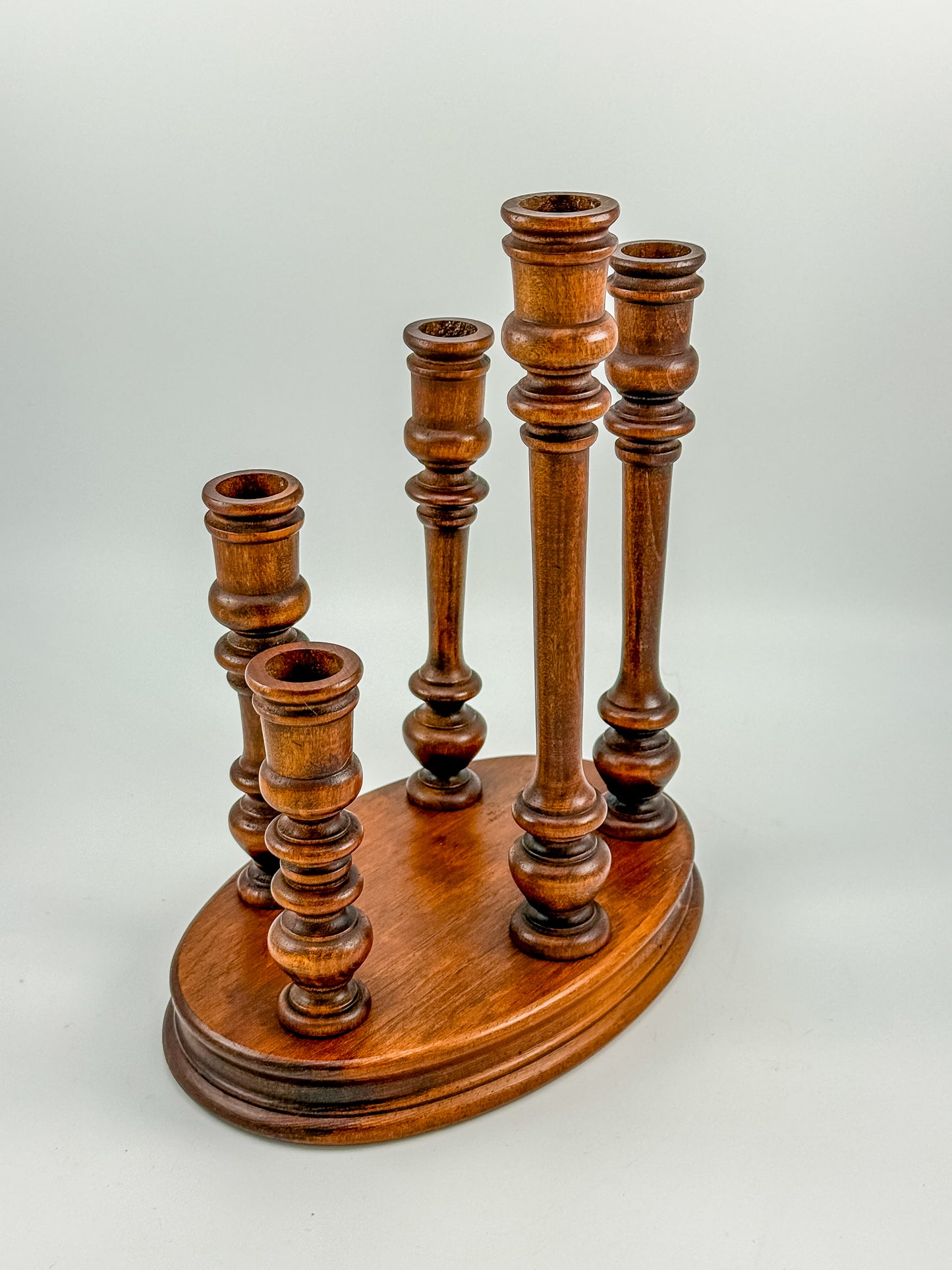 Vintage Turned Wood Multi-Arm Candelabra — 5-Taper Holder