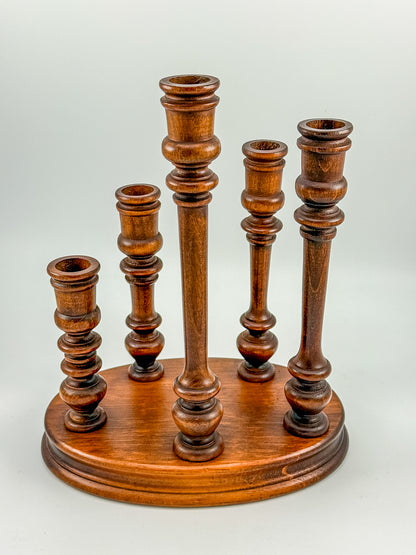 Vintage Turned Wood Multi-Arm Candelabra — 5-Taper Holder