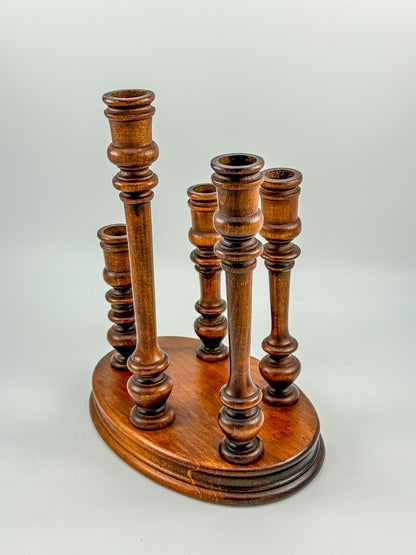 Vintage Turned Wood Multi-Arm Candelabra — 5-Taper Holder