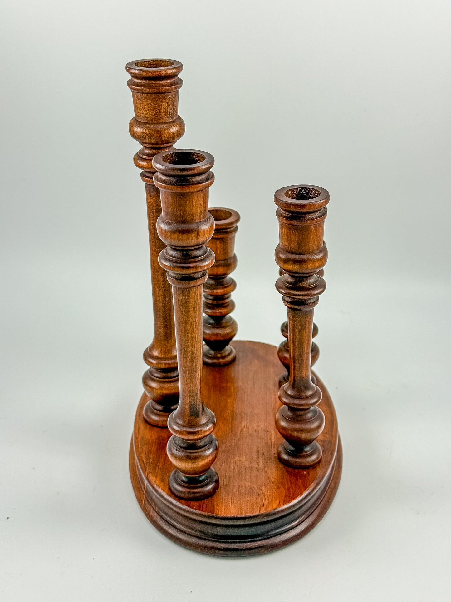 Vintage Turned Wood Multi-Arm Candelabra — 5-Taper Holder