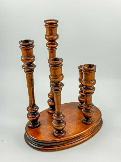 Vintage Turned Wood Multi-Arm Candelabra — 5-Taper Holder
