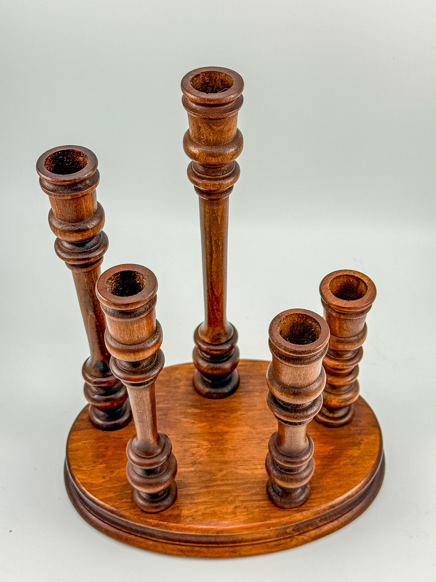 Vintage Turned Wood Multi-Arm Candelabra — 5-Taper Holder