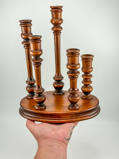 Vintage Turned Wood Multi-Arm Candelabra — 5-Taper Holder