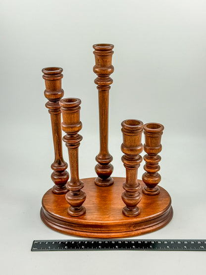 Vintage Turned Wood Multi-Arm Candelabra — 5-Taper Holder