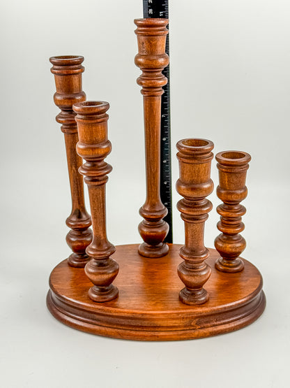 Vintage Turned Wood Multi-Arm Candelabra — 5-Taper Holder