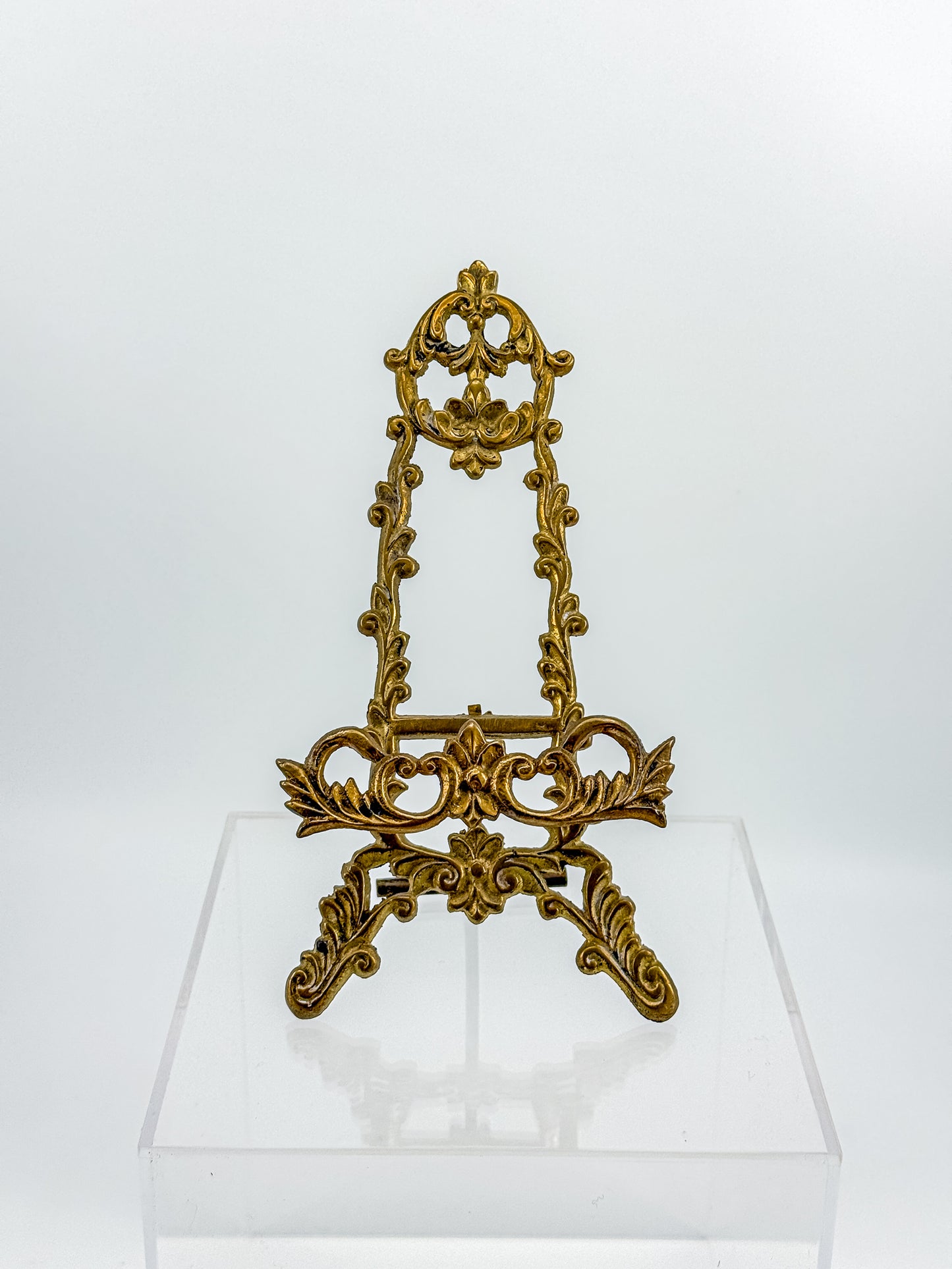 Vintage Brass Rococo Miniature Easel | Ornate Scrollwork Fleur-de-Lis Picture Stand