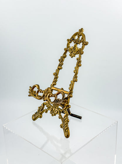 Vintage Brass Rococo Miniature Easel | Ornate Scrollwork Fleur-de-Lis Picture Stand