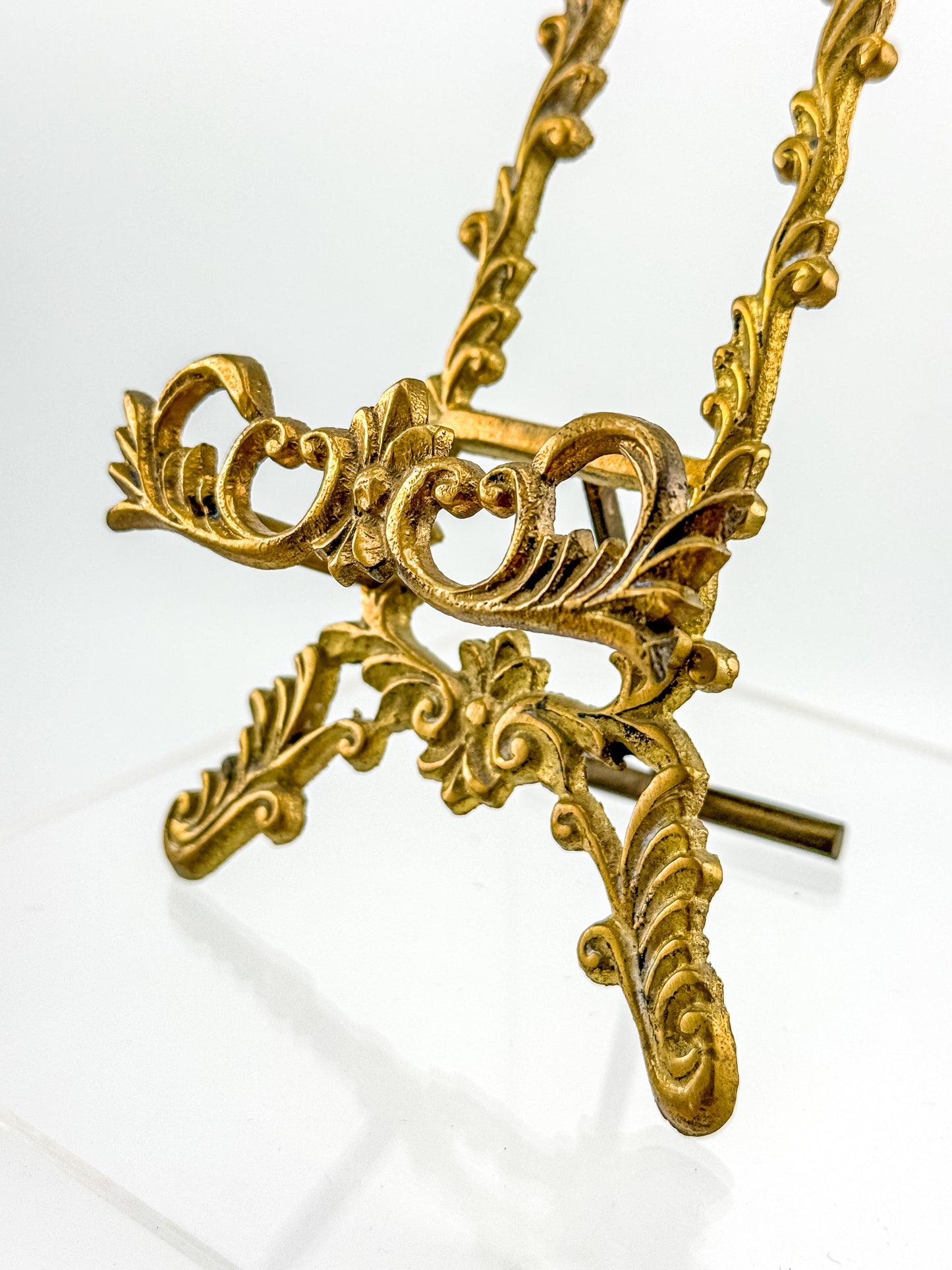 Vintage Brass Rococo Miniature Easel | Ornate Scrollwork Fleur-de-Lis Picture Stand