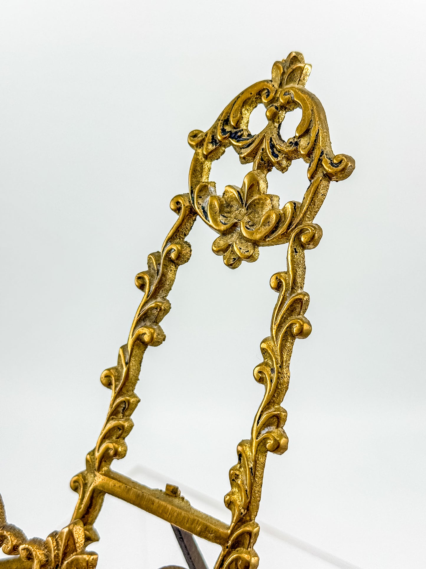 Vintage Brass Rococo Miniature Easel | Ornate Scrollwork Fleur-de-Lis Picture Stand