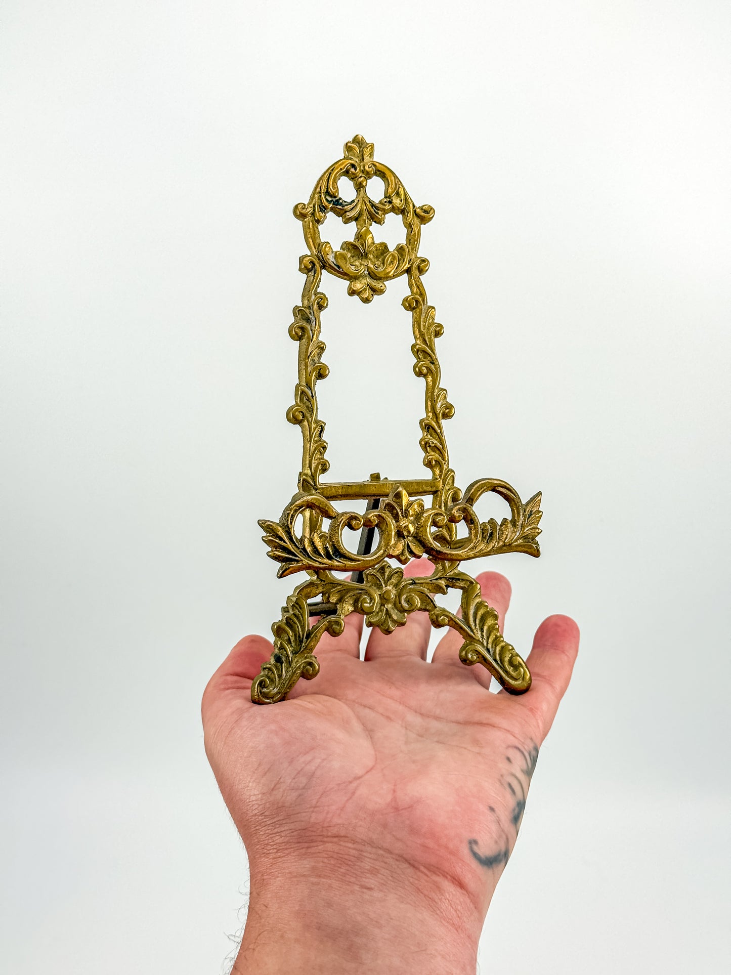Vintage Brass Rococo Miniature Easel | Ornate Scrollwork Fleur-de-Lis Picture Stand