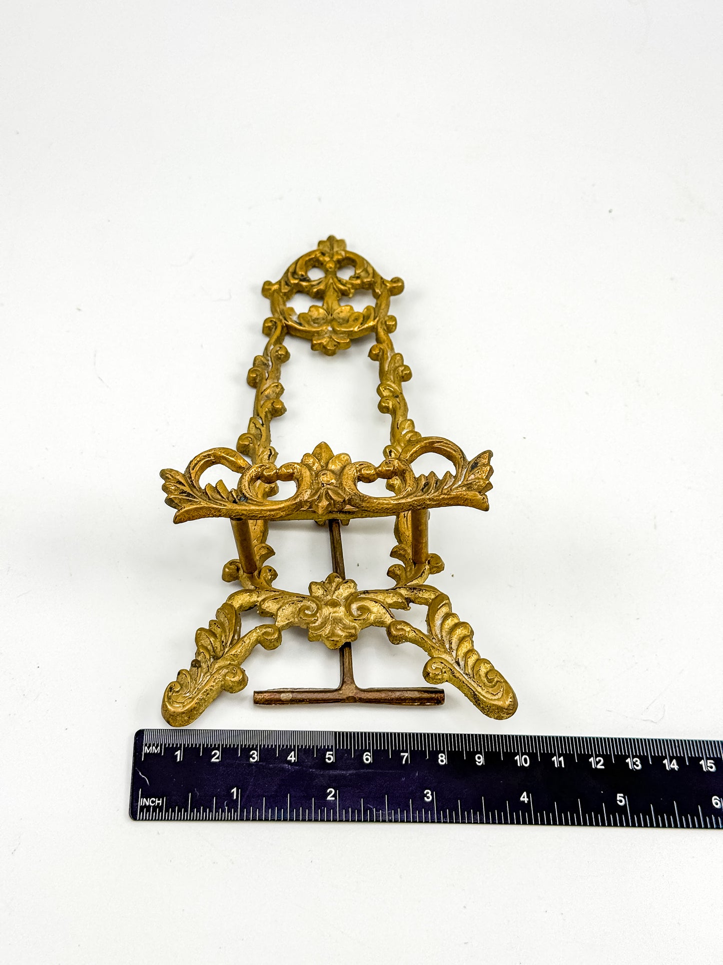 Vintage Brass Rococo Miniature Easel | Ornate Scrollwork Fleur-de-Lis Picture Stand