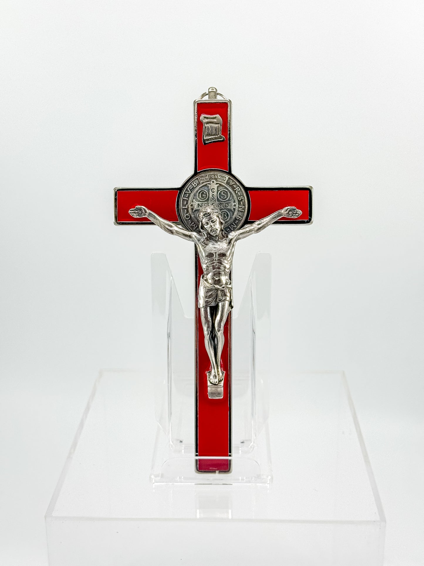 Vintage Red Enamel Saint Benedict Crucifix — Silver-Tone Wall Cross