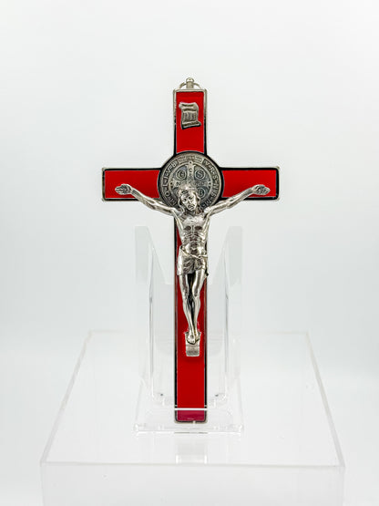 Vintage Red Enamel Saint Benedict Crucifix — Silver-Tone Wall Cross
