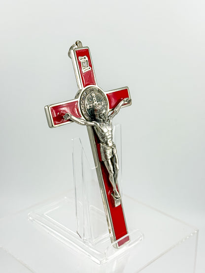 Vintage Red Enamel Saint Benedict Crucifix — Silver-Tone Wall Cross