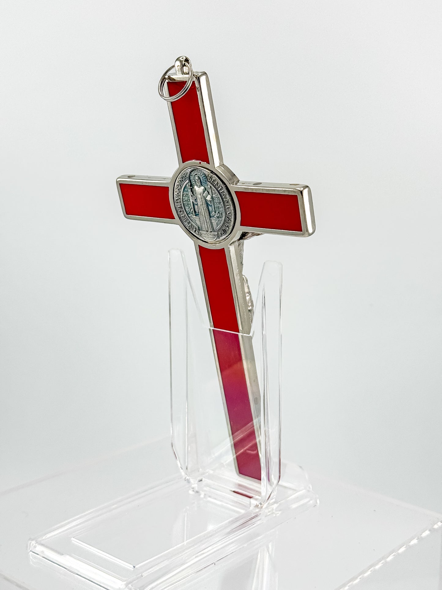 Vintage Red Enamel Saint Benedict Crucifix — Silver-Tone Wall Cross