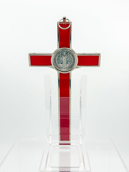 Vintage Red Enamel Saint Benedict Crucifix — Silver-Tone Wall Cross