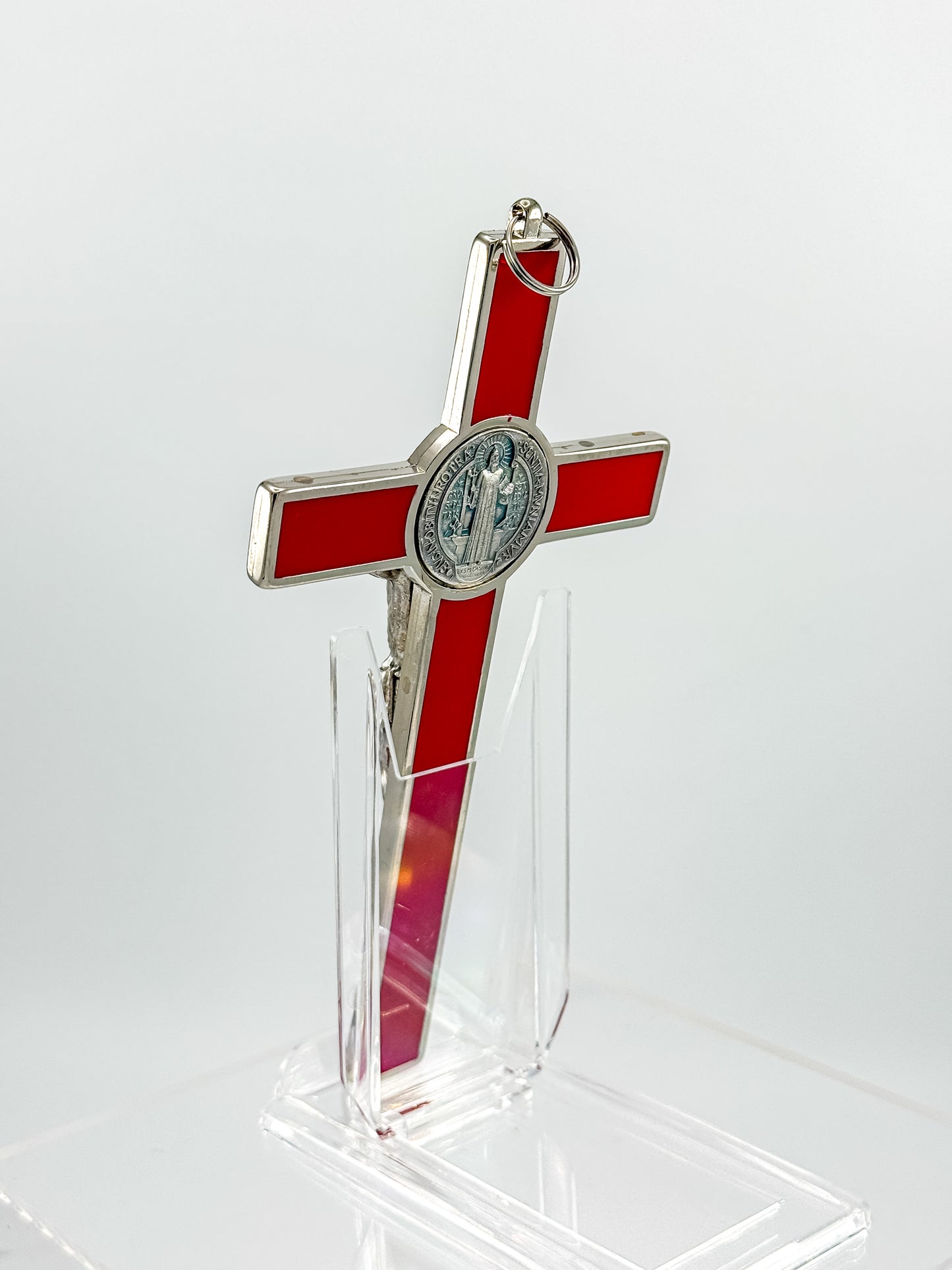 Vintage Red Enamel Saint Benedict Crucifix — Silver-Tone Wall Cross