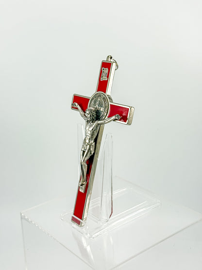 Vintage Red Enamel Saint Benedict Crucifix — Silver-Tone Wall Cross