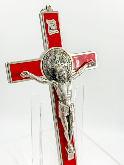 Vintage Red Enamel Saint Benedict Crucifix — Silver-Tone Wall Cross