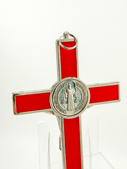 Vintage Red Enamel Saint Benedict Crucifix — Silver-Tone Wall Cross