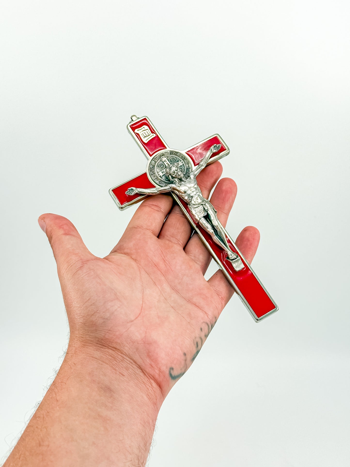 Vintage Red Enamel Saint Benedict Crucifix — Silver-Tone Wall Cross