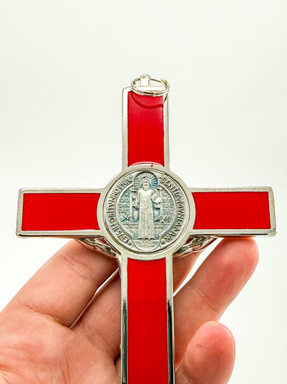 Vintage Red Enamel Saint Benedict Crucifix — Silver-Tone Wall Cross