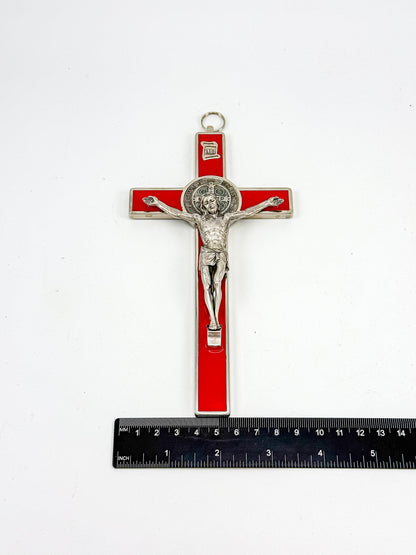 Vintage Red Enamel Saint Benedict Crucifix — Silver-Tone Wall Cross