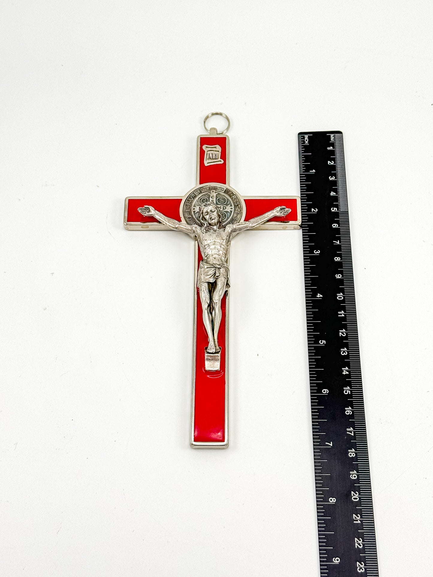 Vintage Red Enamel Saint Benedict Crucifix — Silver-Tone Wall Cross