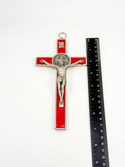 Vintage Red Enamel Saint Benedict Crucifix — Silver-Tone Wall Cross
