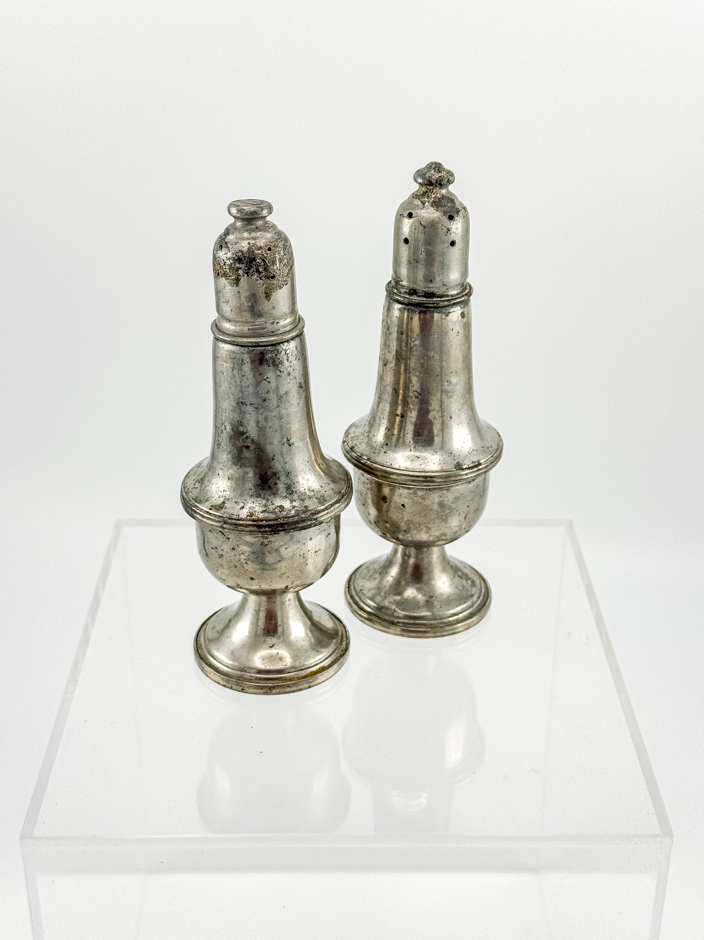 Reed & Barton Pewter Weighted Salt & Pepper Shakers | Baluster Form | Heavy Patina